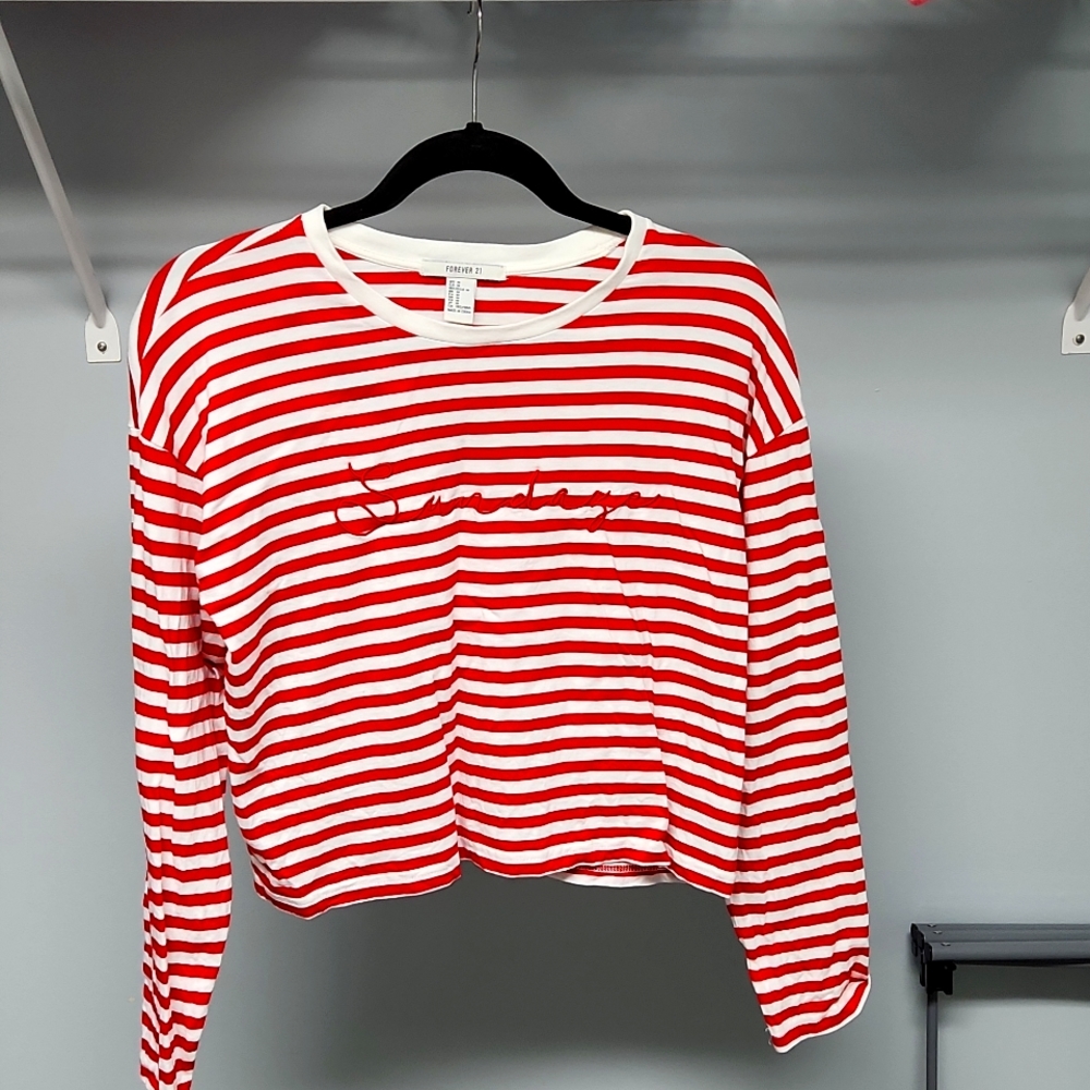 Forever 21 long sleeve red and white striped crop top, medium
